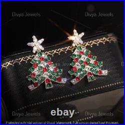 1.80 CT Lab-Created Ruby Christmas Tree Dangle Earrings Real 925 Sterling Silver