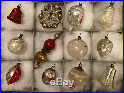 12 ANTIQUE Pink Red Silver Green Glass Feather Tree XMAS ORNAMENTS withTINSEL 1920