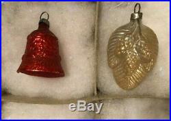 12 ANTIQUE Pink Red Silver Green Glass Feather Tree XMAS ORNAMENTS withTINSEL 1920