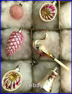 12 Antique Blown Silver Mercury Glass PINK Christmas Tree Ornaments 1930's-'40s