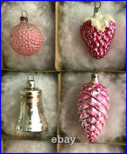 12 Antique Blown Silver Mercury Glass PINK Christmas Tree Ornaments 1930's-'40s