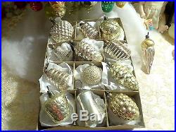 13 GREAT Embossed antique SILVER Glass Figural Feather Tree Xmas Ornaments Box
