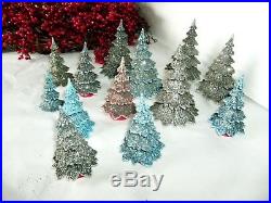 13 Vintage Plastic Mica Christmas Trees, Blue, Pink, Silver Mica, 4-2 1/4