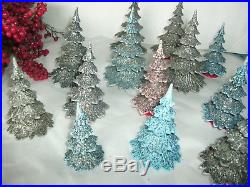 13 Vintage Plastic Mica Christmas Trees, Blue, Pink, Silver Mica, 4-2 1/4