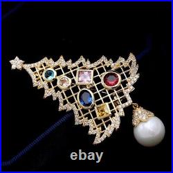 14K Yellow Gold Plated Silver Real Moissanite 1.70Ct Round Christmas Tree Brooch