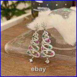 1CT Round Moissanite Christmas Tree Earrings Pendant 14K White Gold Plated