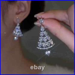 1CT Round Real Moissanite Christmas Tree Earrings 14k White Gold Plated Silver