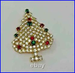 1CtRound Lab-Created Emerald Christmas Tree Brooch 14K Yellow Gold Plated Silver