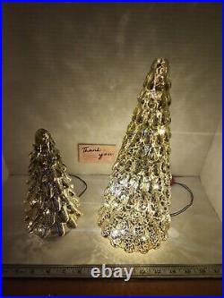 2 Mercury Glass Light Up Christmas Trees 10 & 8 Gold withTimer