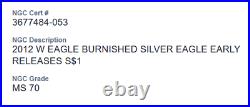 2012 W (burnished) Ngc Ms70 Silver Eagle Er Xmas Tree Label Ngc Label Damaged