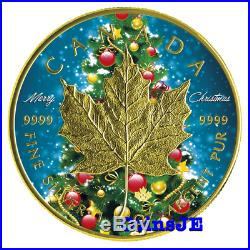 2016 Canada $5 Maple Leaf Christmas Tree 1oz Gold Gilded & Color Silver Coin