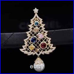 2Ct Round Cut Lab-Created Pearl Christmas Tree Brooch Pin 14k Yellow Gold Plated