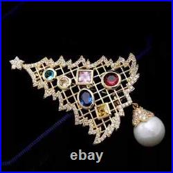 2Ct Round Cut Lab-Created Pearl Christmas Tree Brooch Pin 14k Yellow Gold Plated