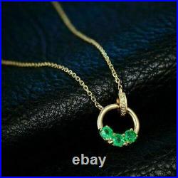 3Ct Round Cut Simulated Emerald 3Stone Pendant 14K Yellow Gold Finish 18' Chain