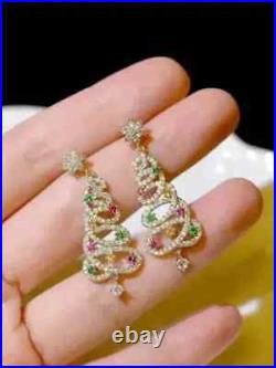 3Ct Round Real Moissanite Christmas Tree Dangle Earrings 14K Yellow Gold plated