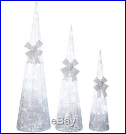 3pc Silver White Ombre Lighted Twinkle Cone Trees Outdoor Christmas Decoration