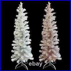 4 FT PRE-LIT TINSEL aluminum CHRISTMAS TREE & METAL STAND / ROSE GOLD / SILVER