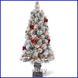 4' Snowy Bristle Pine Entrance Tree with Red & Silver Ornaments with 70 Clear