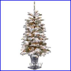 4 ft. Feel Real Snowy Camden Entrance Tree in Silver Brushed Urn with 100 Clear