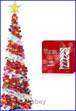 5 Ft Tinsel Christmas Tree with Timer 50 Color Lights 3D Star, Pop up Christmas