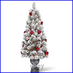 5' Snowy Bristle Pine Entrance Tree with Red & Silver Ornaments with 100 Clea