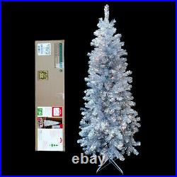 6.5 FT PRE-LIT SILVER TINSEL aluminum CHRISTMAS TREE / 200 LIGHTS & METAL STAND