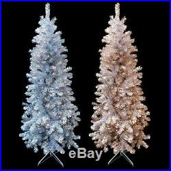 6.5 FT PRE-LIT TINSEL aluminum CHRISTMAS TREE & METAL STAND / ROSE GOLD / SILVER