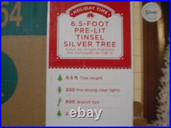 6.5 Ft Pre-lit Silver Tinsel Christmas Tree With Metal Stand Hinged Branches
