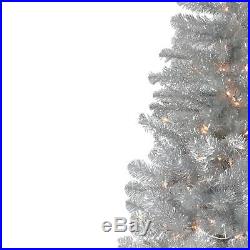 6.5' Pre-Lit Silver Metallic Artificial Tinsel Christmas Tree Clear Lights