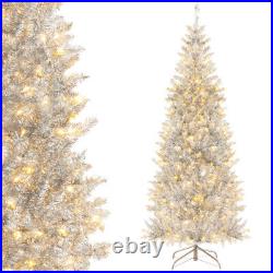 6/7 FT Pre-Lit Artificial Silver Tinsel Xmas Tree with 790 Branch Tips and 300