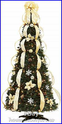 6 Ft Fully Decorated GOLD SILVER Pre-Lit Pull-Up Pop-Up Christmas Tree-EASY SET
