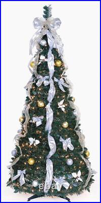 6' PRE LIT POP UP PULL UP DECORATED CHRISTMAS TREE 350 CLEAR LIGHTS Gold Silver