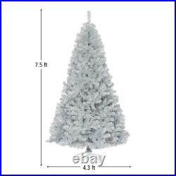 7.5 Feet Hinged Unlit Artificial Silver Tinsel Christmas Tree Sturdy Metal Stand