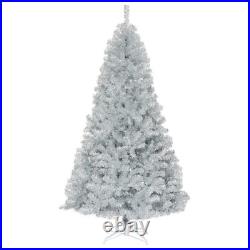7.5 Feet Hinged Unlit Artificial Silver Tinsel Christmas Tree Sturdy Metal Stand