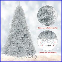 7.5Ft Hinged Unlit Artificial Silver Tinsel Christmas Tree Holiday withMetal Stand