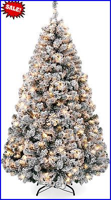 7.5Ft Pre-Lit Snow Flocked Artificial Holiday Christmas Pine Tree for Home, Offi