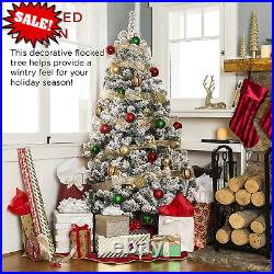 7.5Ft Pre-Lit Snow Flocked Artificial Holiday Christmas Pine Tree for Home, Offi