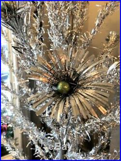 7 Foot Vintage 1950s Sparkler Pom Pom Aluminum Silver Christmas Tree Glass Balls