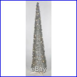 7'Hx17W Tinsel Pop Up LED-Lighted Artificial Christmas Tree withStand -Silver
