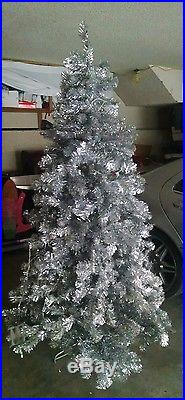 7' Pre-Lit Sparkling Silver Full Artificial Tinsel Christmas Tree Multi Lights