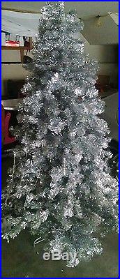7' Pre-Lit Sparkling Silver Full Artificial Tinsel Christmas Tree Multi Lights