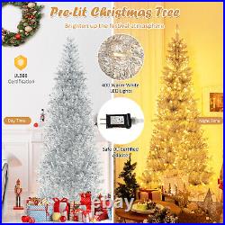 7' Pre-lit Artificial Silver Tinsel Xmas Tree with400 LED Lights 1030 Branch Tips