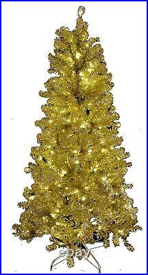 9' Silver and Gold Tinsel Christmas Tree Pre-Lit with Warm White LED Lights