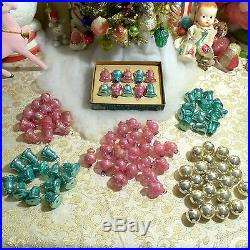 94 VTG Shiny Brite PINK Teal Silver Glass Mini Feather Tree Xmas Ornaments BELLS