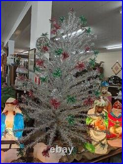 Antique Vintage 6 1/2 Ft Aluminum Pom Pom CHRISTMAS TINSEL TREE with Box Stand
