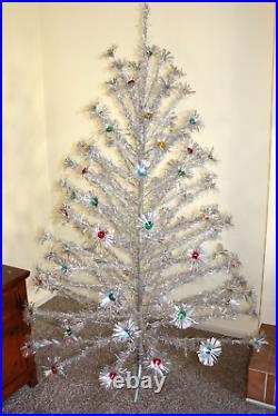 Antique vintage 7 foot Silver ALUMINUM TAPER POM PON CHRISTMAS TREE