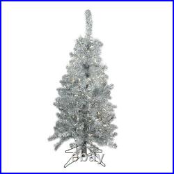 Arett Sales 4' Medium Silver Tinsel Artificial Christmas Tree Clear Lights