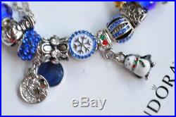Authentic PANDORA Silver Bracelet With x-mas Tree Blue Santa Christmas Charms