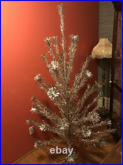 Authentic Vintage 6.5 Ft Silver Aluminum Christmas Tinsel Pom Pom Tree