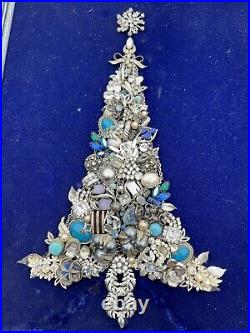 Broach CHRISTMAS tree Jewelry COSTUME art 14 x 18 OOAK FRAMED Silver Tone